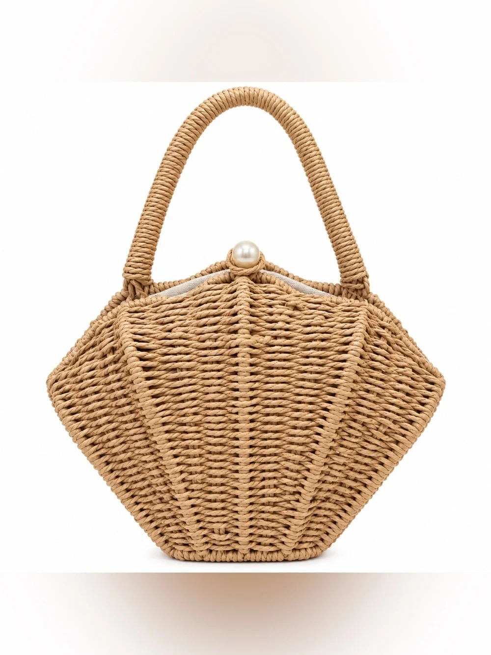 Woven Raffia Basket Handbag Pearl Clasp Coastal Resort Summer Purse